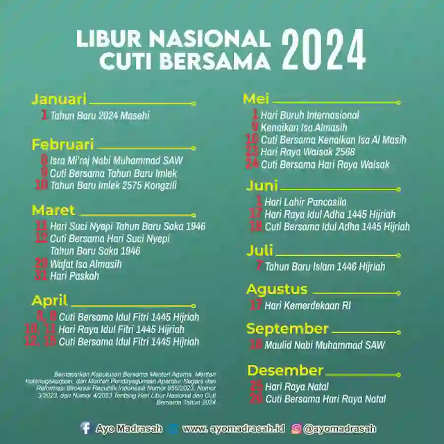 Daftar Hari Libur dan Cuti Bersama Tahun 2024 Ayo Madrasah